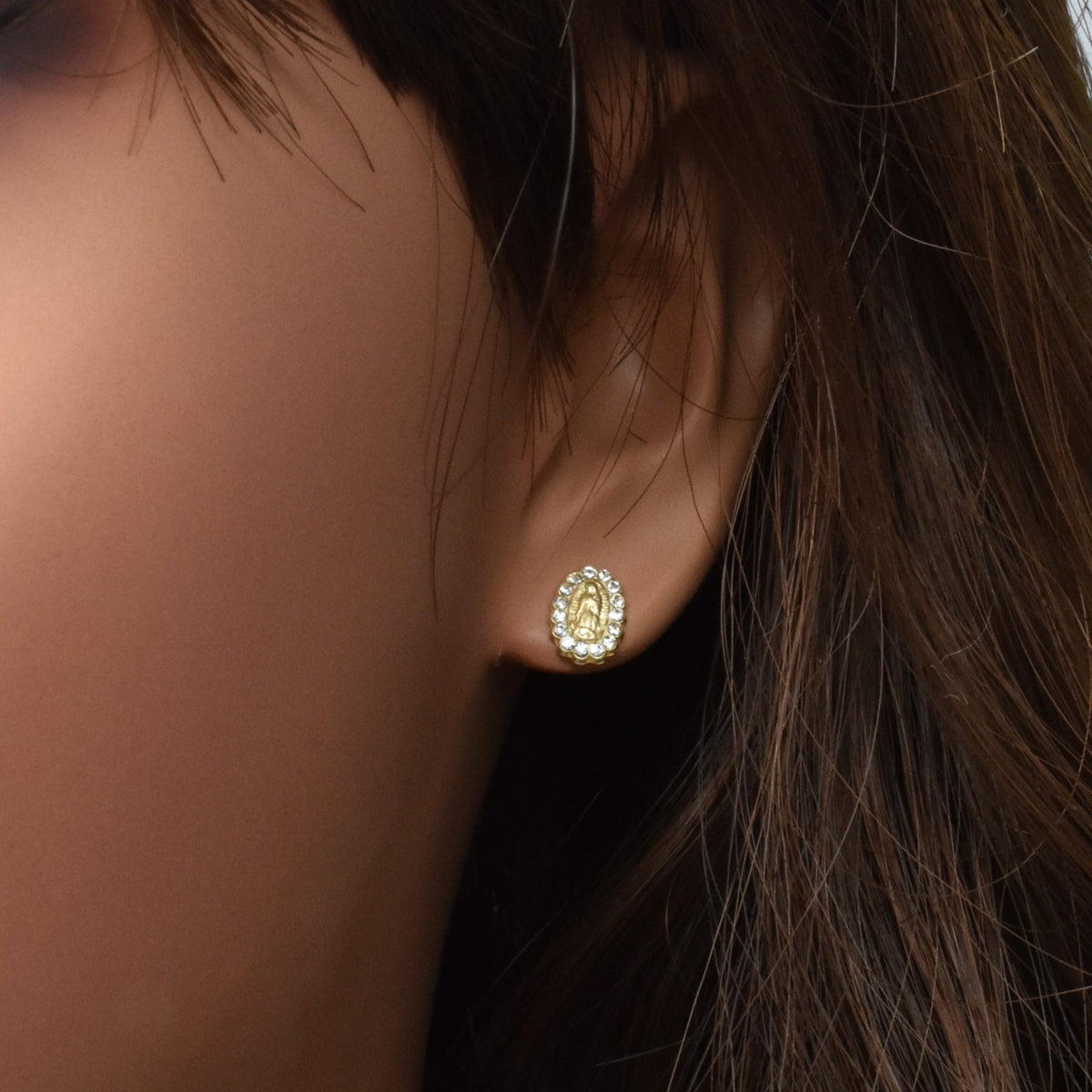 Guadalupe CZ stud earrings in 14 karat yellow gold, detail view