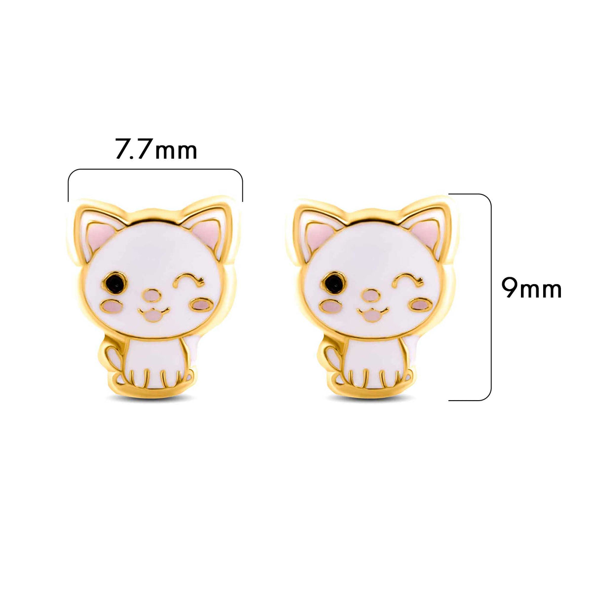 Size reference for 14K gold cat stud earrings, 7.7mm x 9mm