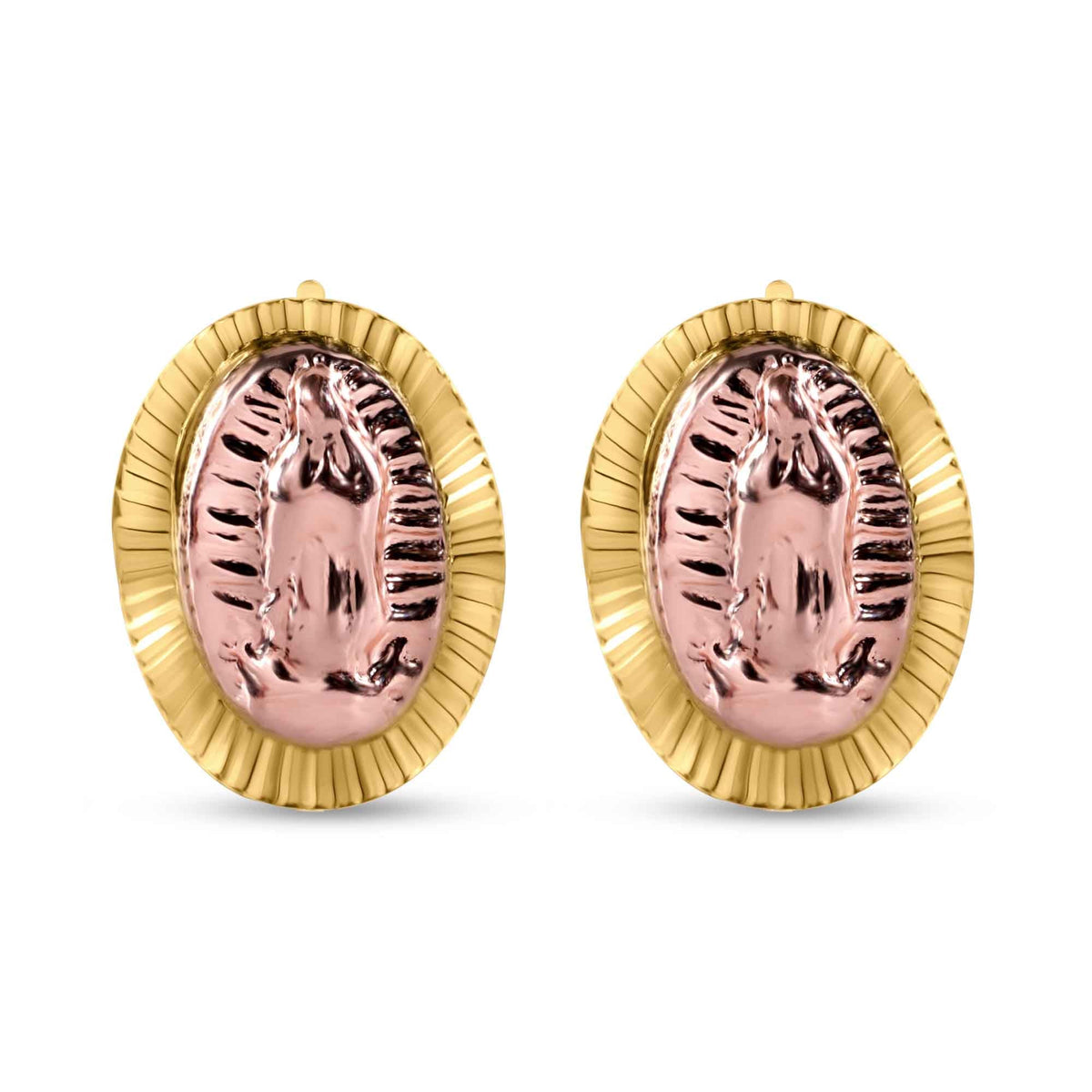 14K two-tone gold diamond-cut Virgen de Guadalupe screw back stud earrings
