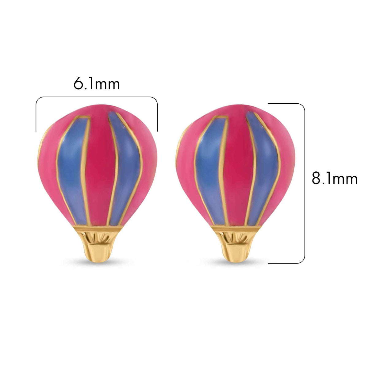 Size reference for 14K gold hot air balloon stud earrings, 6.1mm x 8.1mm