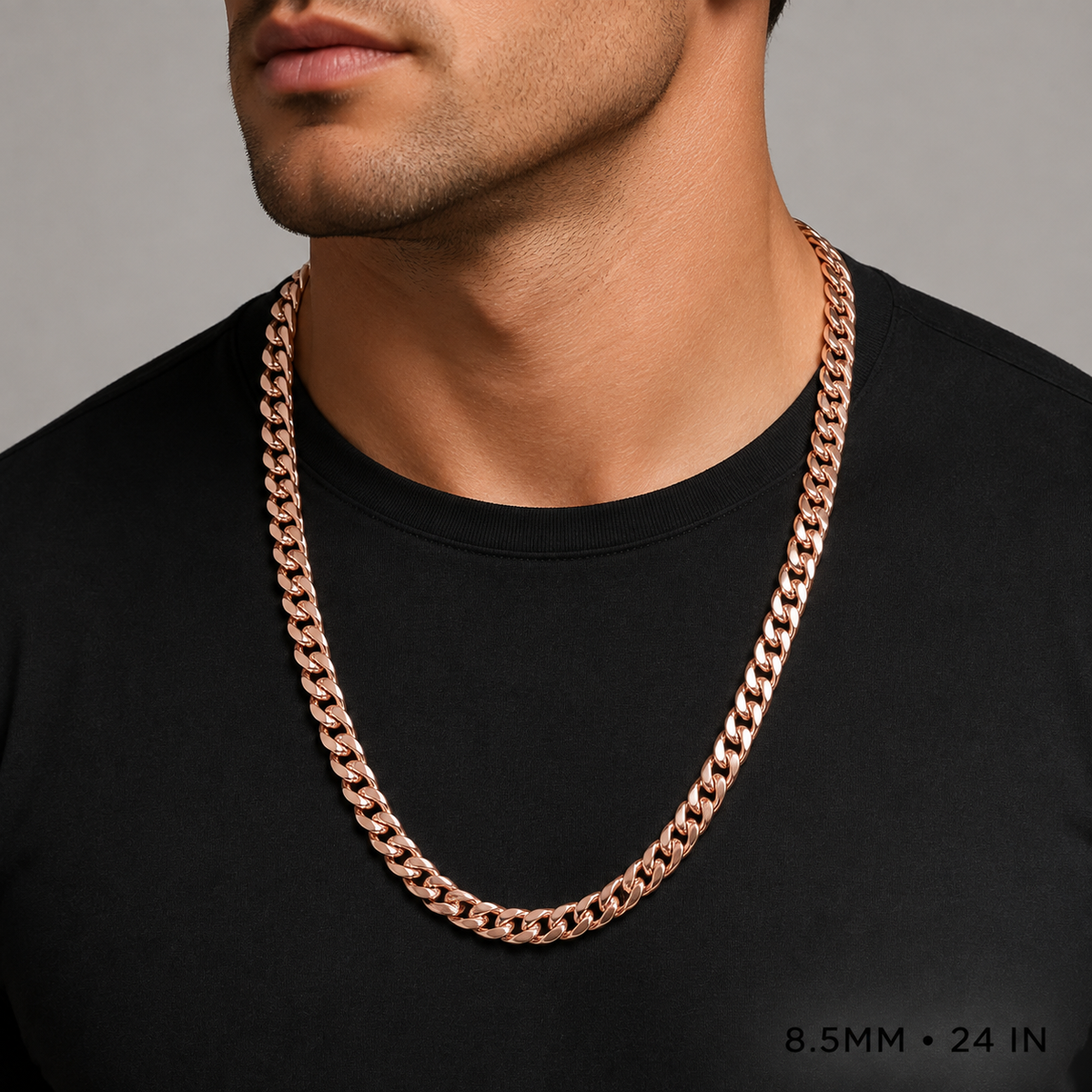 14K Rose Gold Semi-Solid Miami Cuban Link Chain, styled view