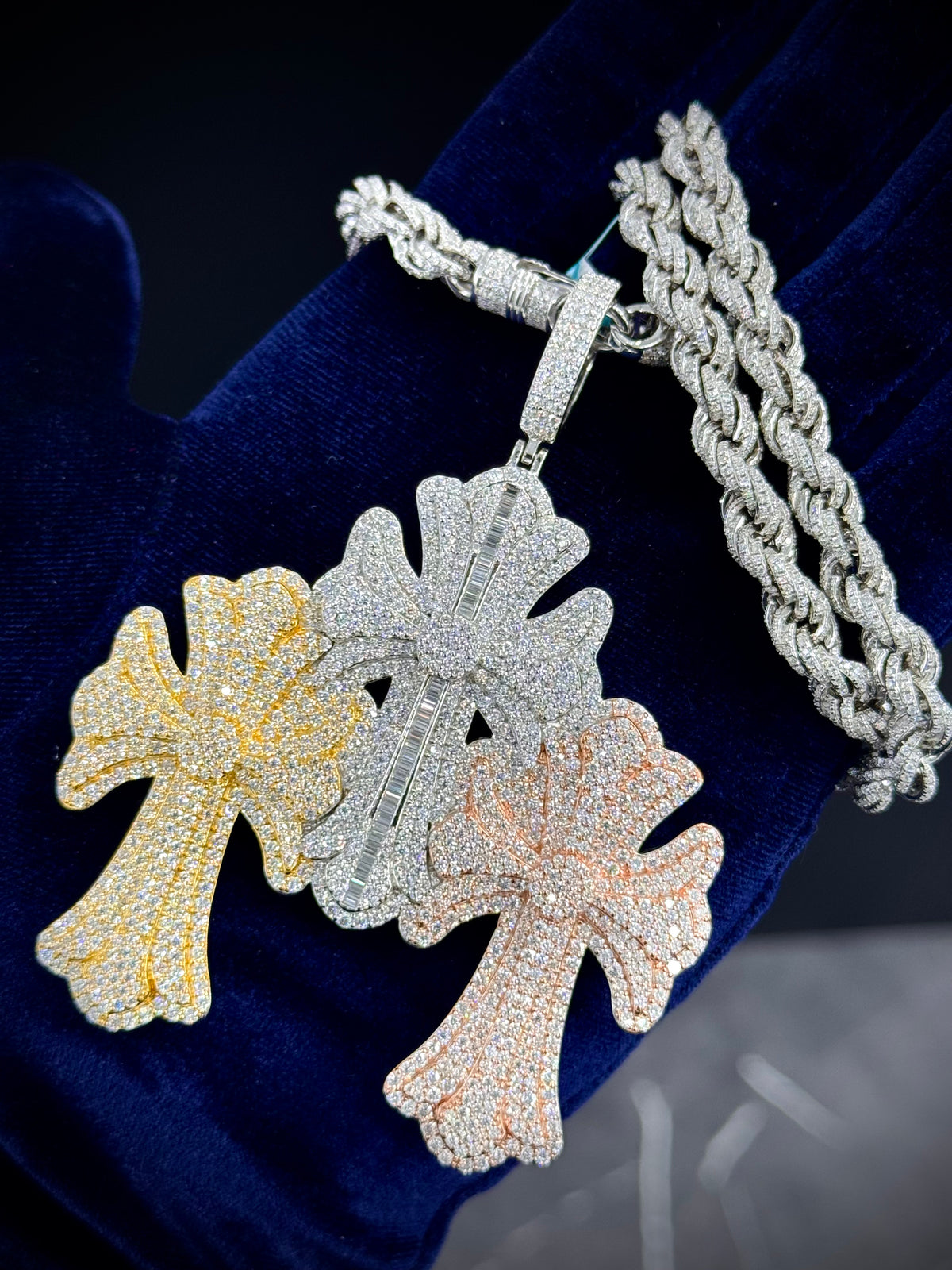 Moissanite Triple Cross Tri-Color Pendant, 925 Silver, view 4