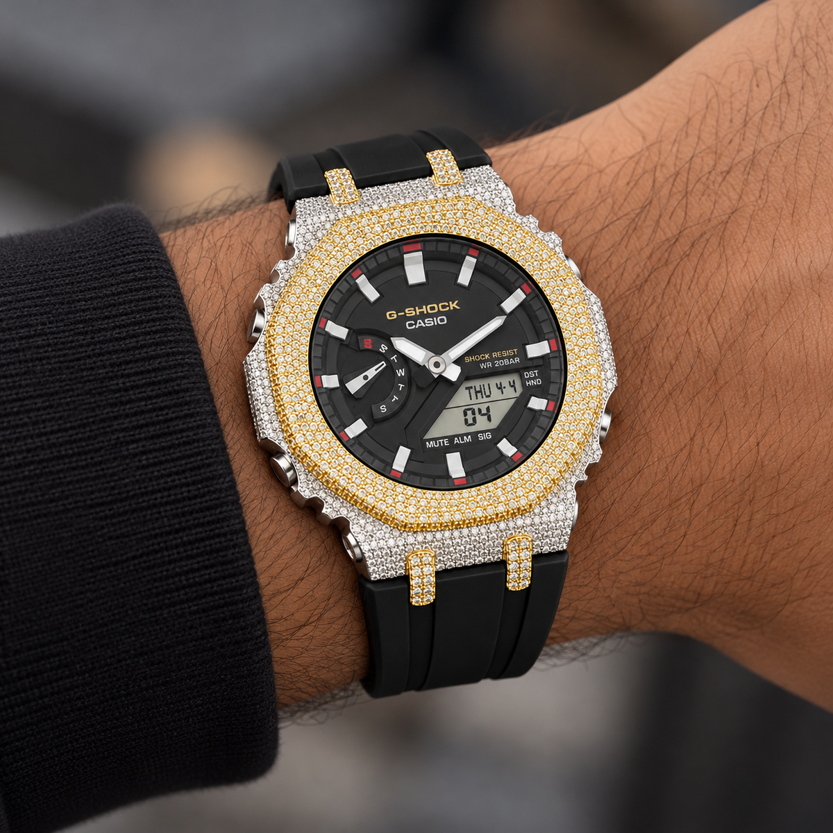 Iced Out Moissanite G-Shock Watch – Two-Tone Yellow & White Bezel, Black Band, view 4
