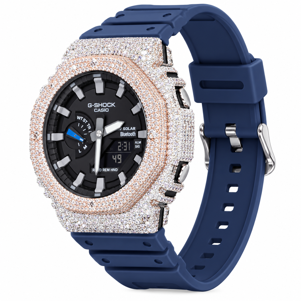 Iced Out G-Shock Solar Bluetooth Watch – Navy Band, Two-Tone Pavé Case – view 4