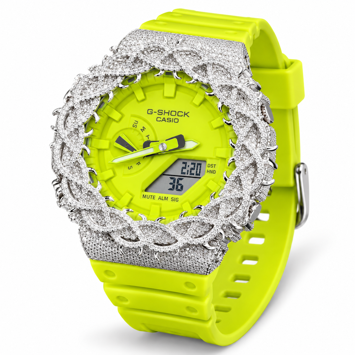 Iced Out Moissanite G-Shock GA-2100 Watch – Neon Lime Band, Braided Pavé Bezel – view 5