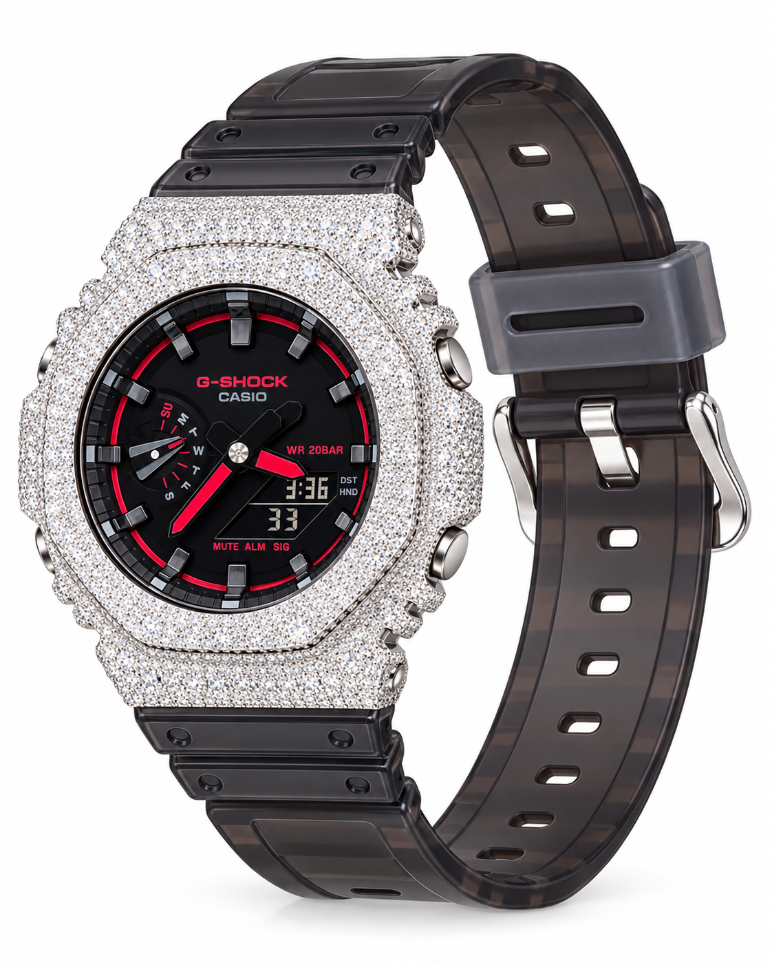 Iced Out Moissanite G-Shock GA-2100 Watch – Red Accent Dial, Black Band – view 5