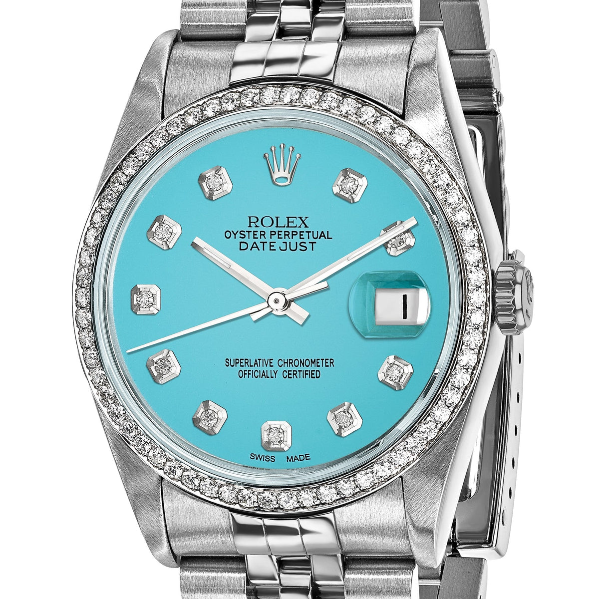 Pre-owned Rolex Datejust 36mm steel watch with teal diamond dial and 18K white gold fluted bezel, another angle