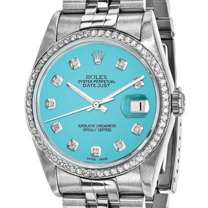 Pre-owned Rolex Datejust 36mm steel watch with teal diamond dial and 18K white gold fluted bezel, another angle