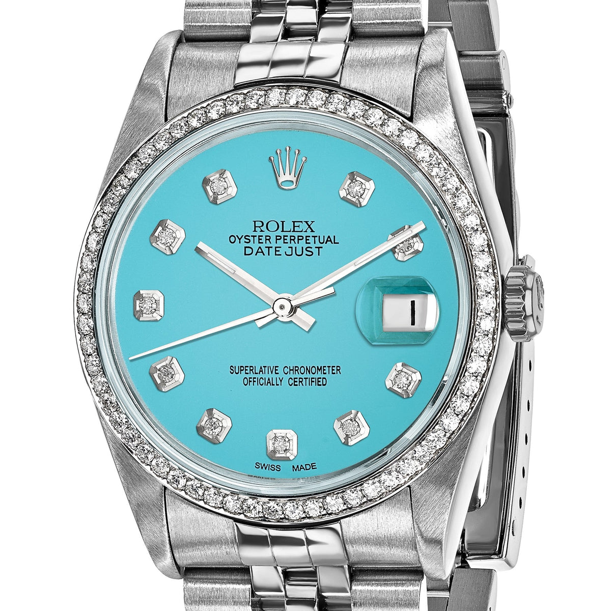 Pre-owned Rolex Datejust 36mm steel watch with teal diamond dial and 18K white gold fluted bezel, further view