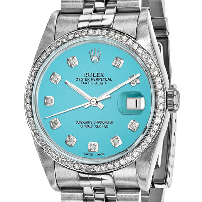 Pre-owned Rolex Datejust 36mm steel watch with teal diamond dial and 18K white gold fluted bezel, further view