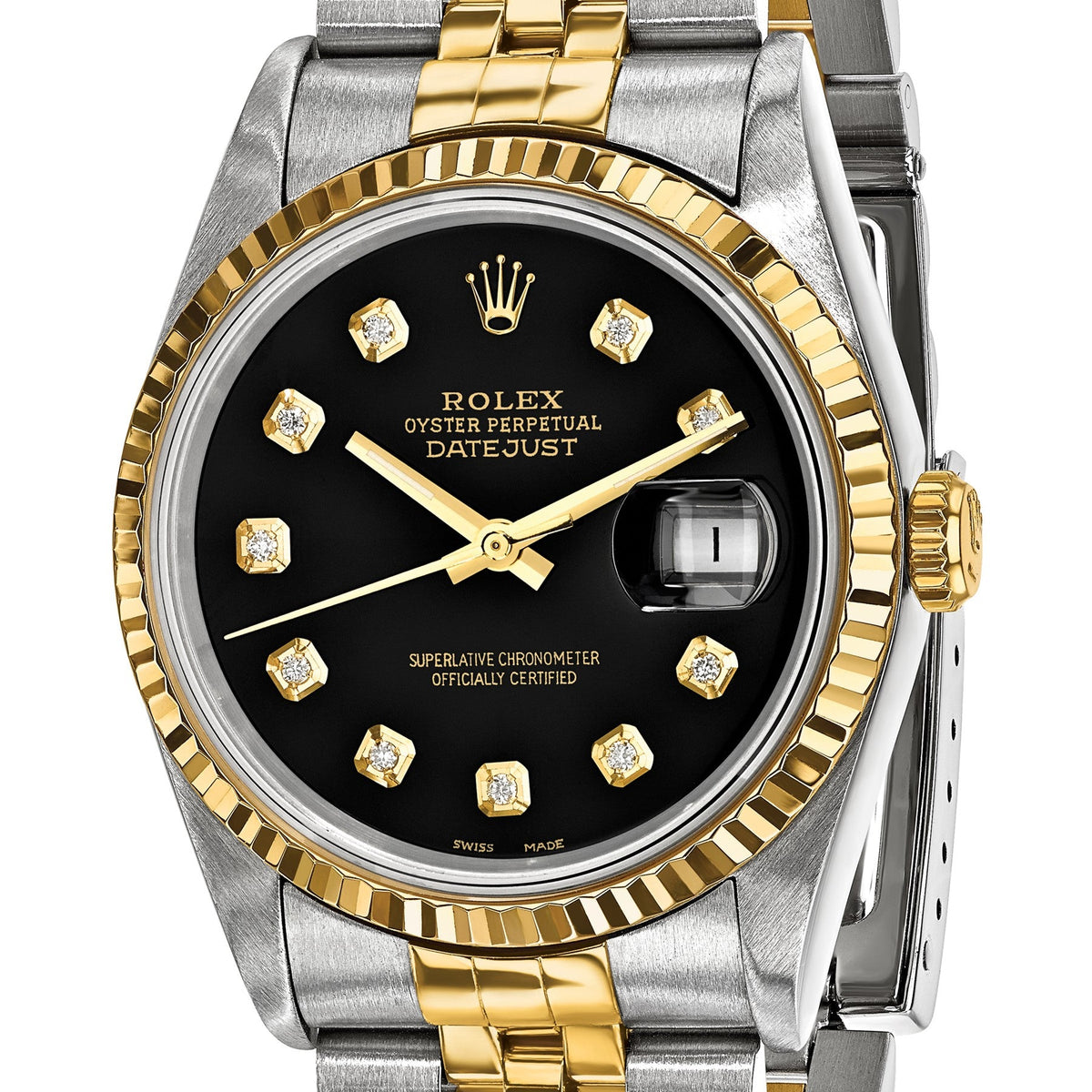 Pre-owned Rolex Datejust 36mm two-tone watch with black diamond dial and fluted bezel, another angle