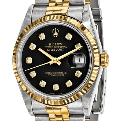 Pre-owned Rolex Datejust 36mm two-tone watch with black diamond dial and fluted bezel, further view