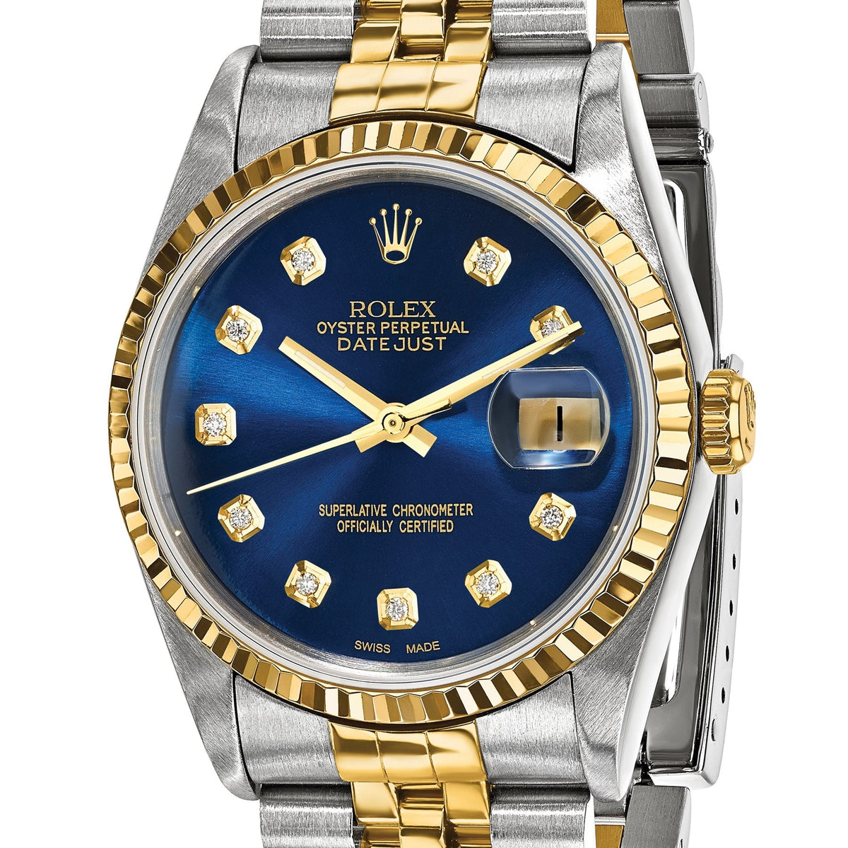 Pre-owned Rolex Datejust 36mm two-tone watch with blue diamond dial and fluted bezel, another angle