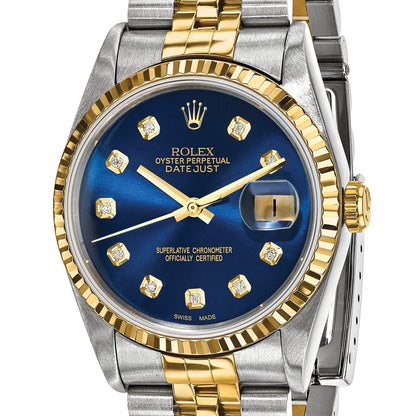 Pre-owned Rolex Datejust 36mm two-tone watch with blue diamond dial and fluted bezel, another angle