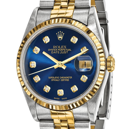 Pre-owned Rolex Datejust 36mm two-tone watch with blue diamond dial and fluted bezel, further view