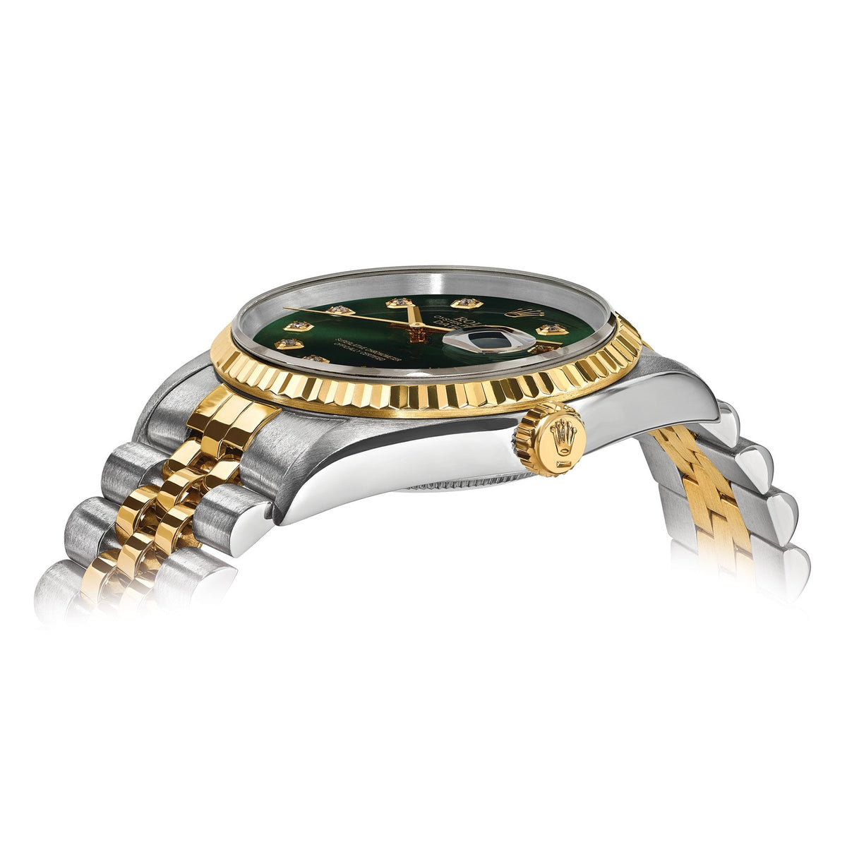 Pre-owned Rolex Datejust 36mm two-tone watch with green diamond dial and fluted bezel, alternate view