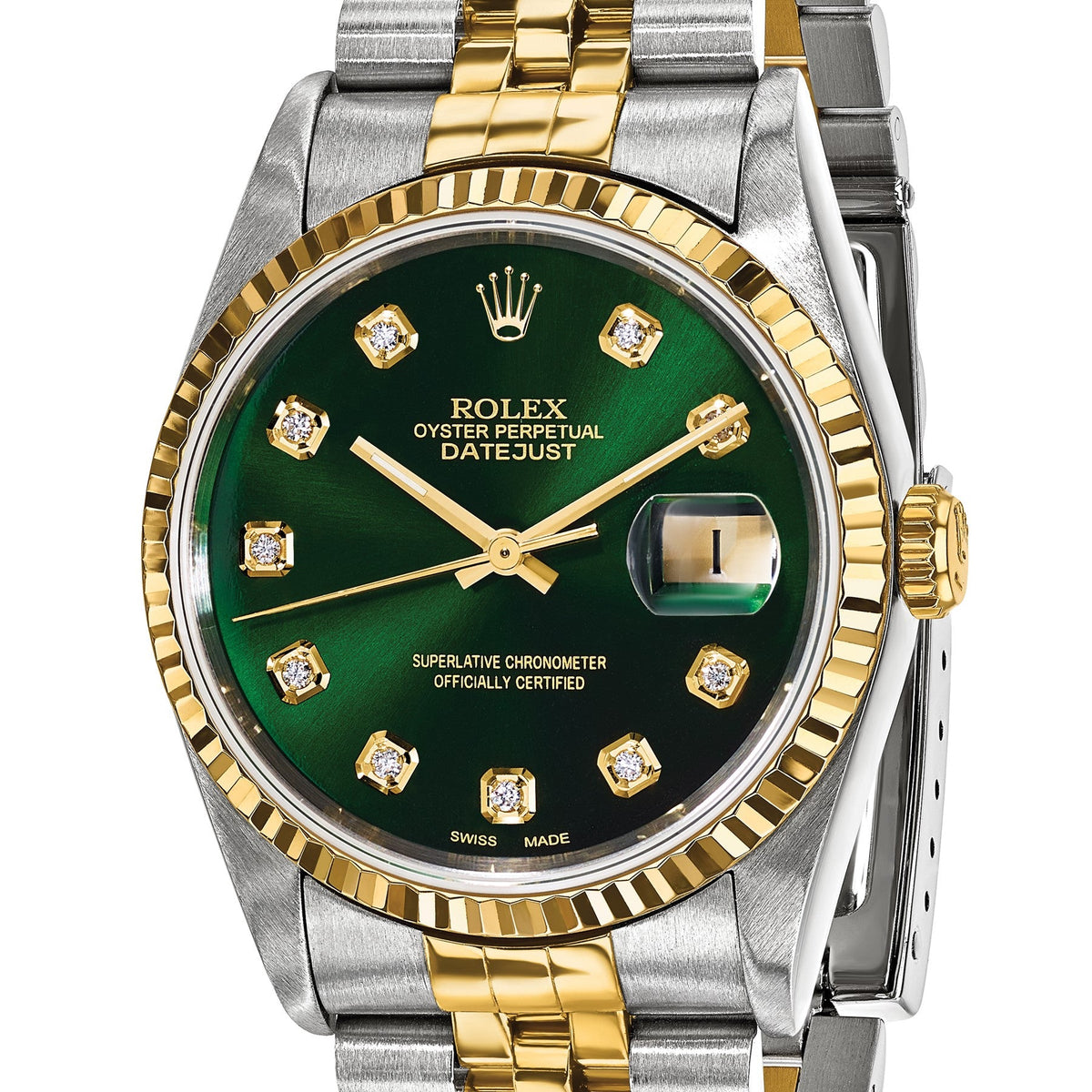 Pre-owned Rolex Datejust 36mm two-tone watch with green diamond dial and fluted bezel, another angle