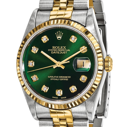 Pre-owned Rolex Datejust 36mm two-tone watch with green diamond dial and fluted bezel, further view