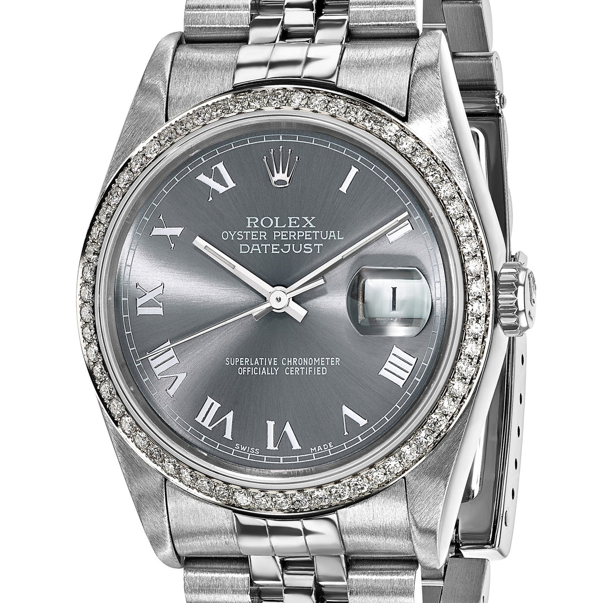 Pre-owned Rolex Datejust 36mm steel watch with grey dial and diamond bezel, another angle