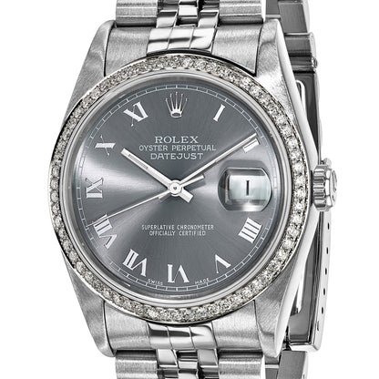 Pre-owned Rolex Datejust 36mm steel watch with grey dial and diamond bezel, another angle