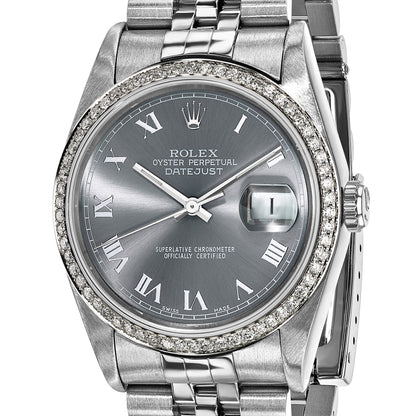 Pre-owned Rolex Datejust 36mm steel watch with grey dial and diamond bezel, further view