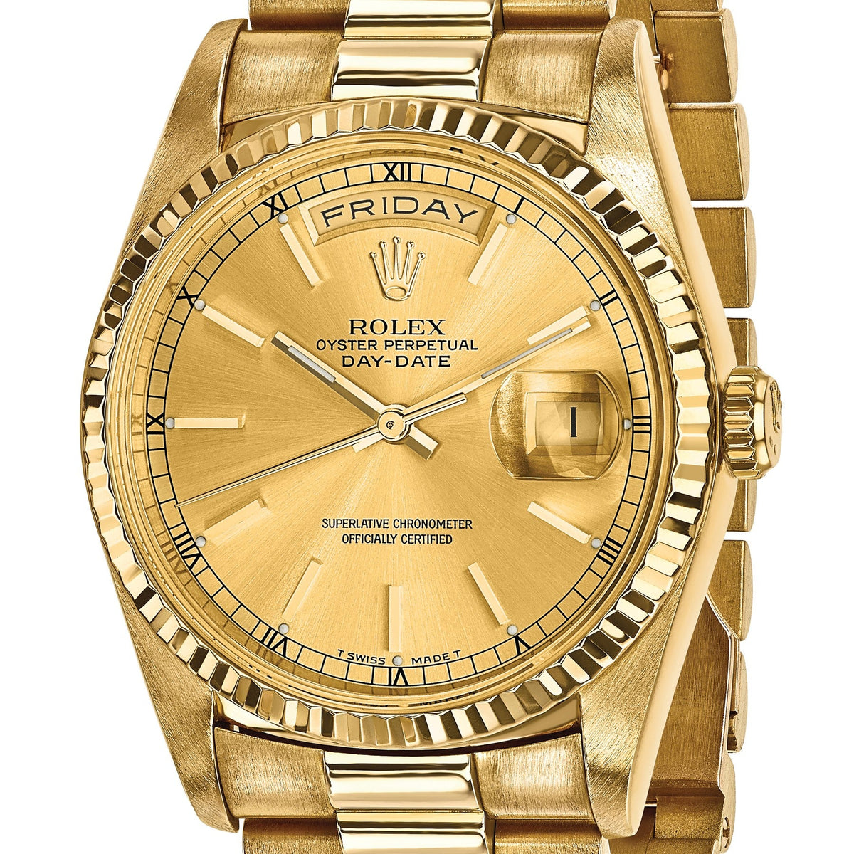 Pre-owned Rolex Day-Date President 36mm 18K yellow gold watch with champagne dial, another angle