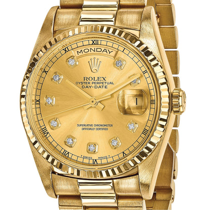 Pre-owned Rolex Day-Date President 36mm 18K gold watch with champagne diamond dial, another angle