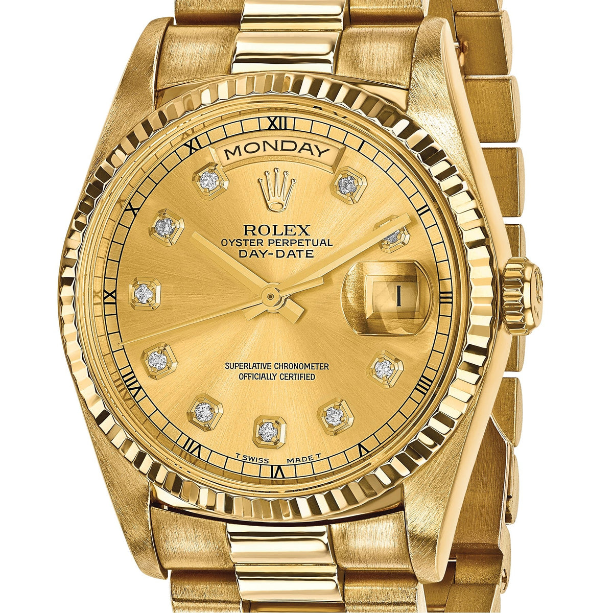 Pre-owned Rolex Day-Date President 36mm 18K gold watch with champagne diamond dial, further view