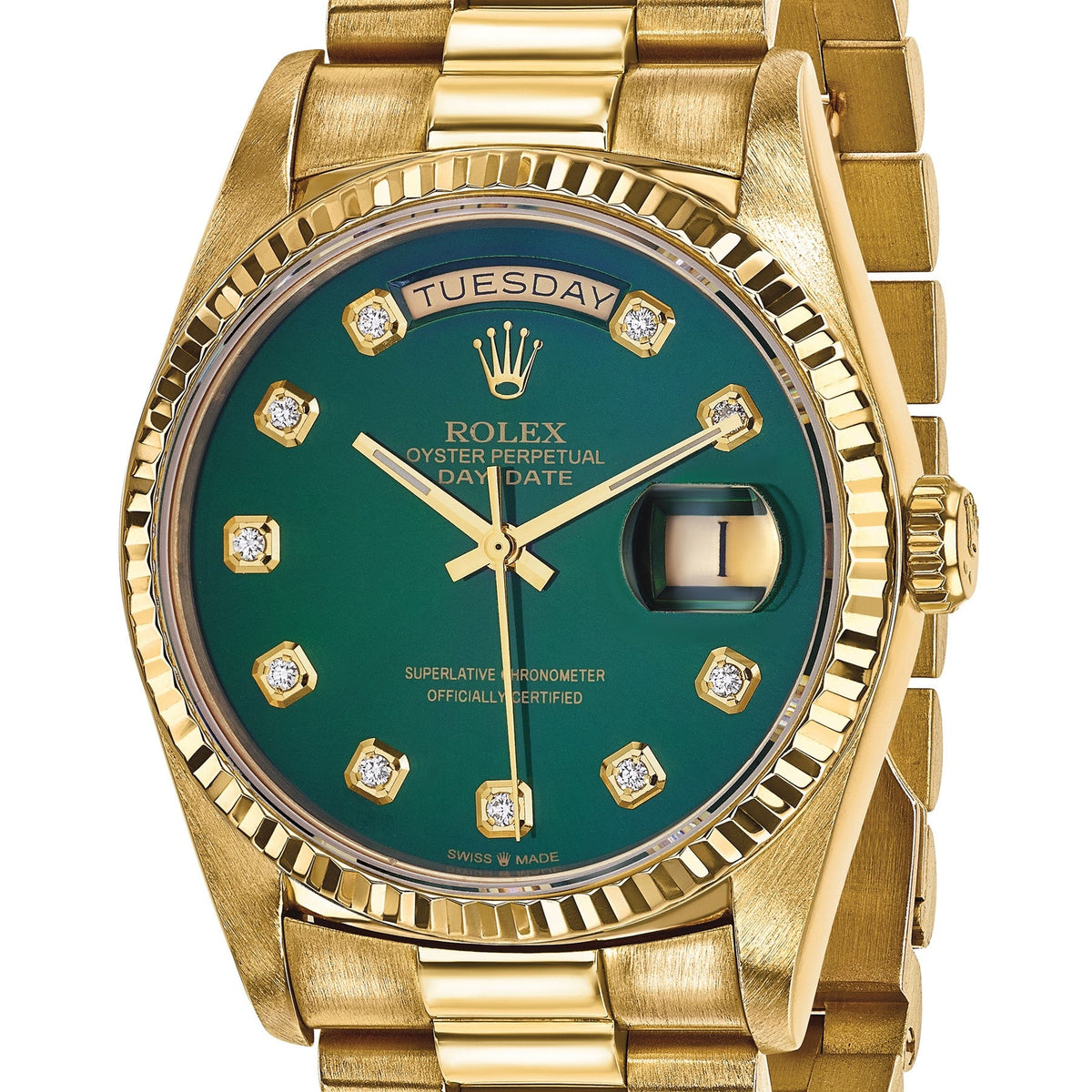 Pre-owned Rolex Day-Date President 36mm 18K gold watch with green diamond dial, another angle