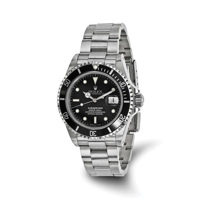 Pre-owned Rolex Submariner 40mm stainless steel watch with black dial and black time-lapse bezel on a steel Oyster bracelet