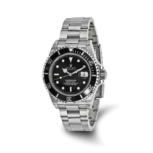 Pre-owned Rolex Submariner 40mm stainless steel watch with black dial and black time-lapse bezel on a steel Oyster bracelet