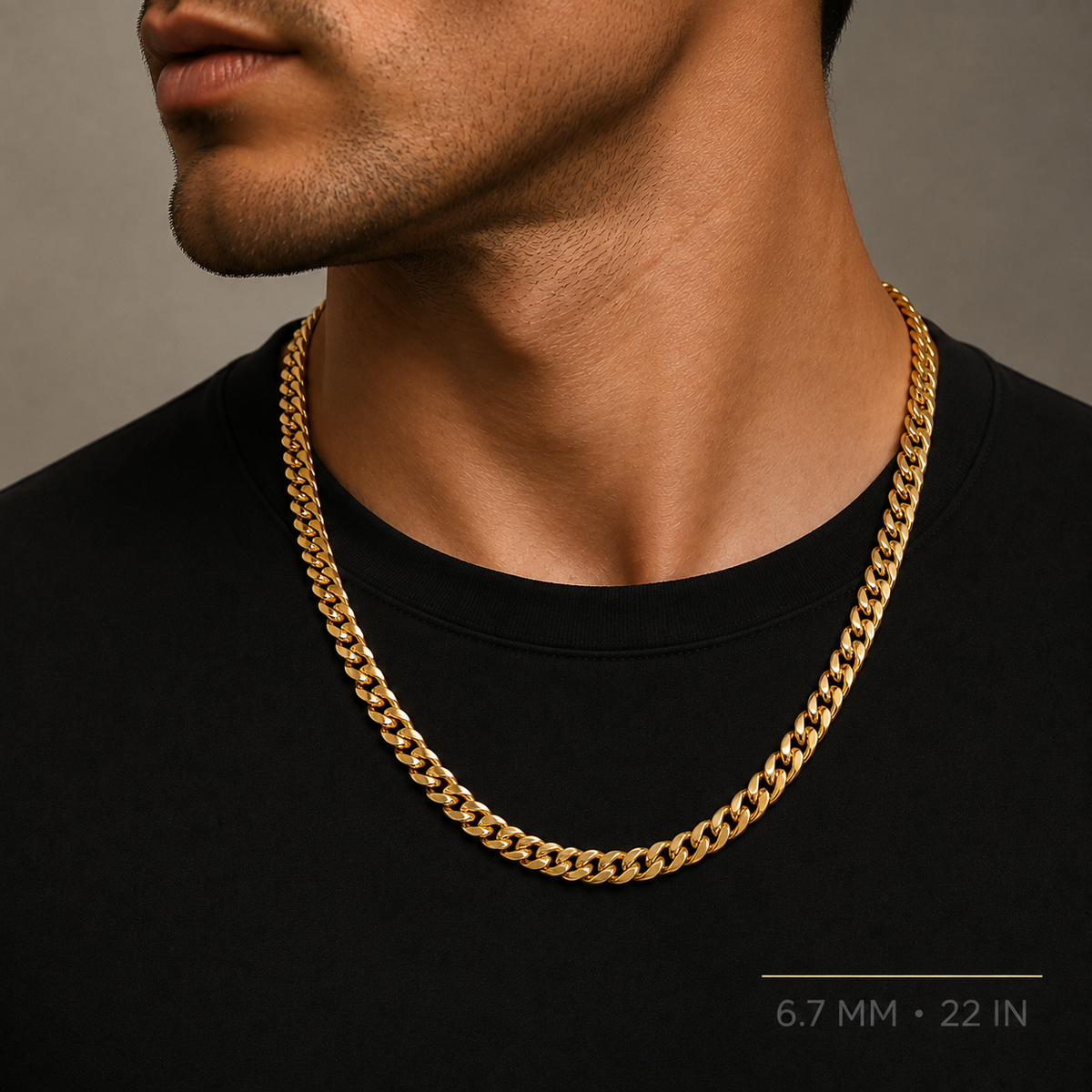 Model wearing 6.7 mm 22 inch 10K yellow gold semi-solid Miami Cuban chain
