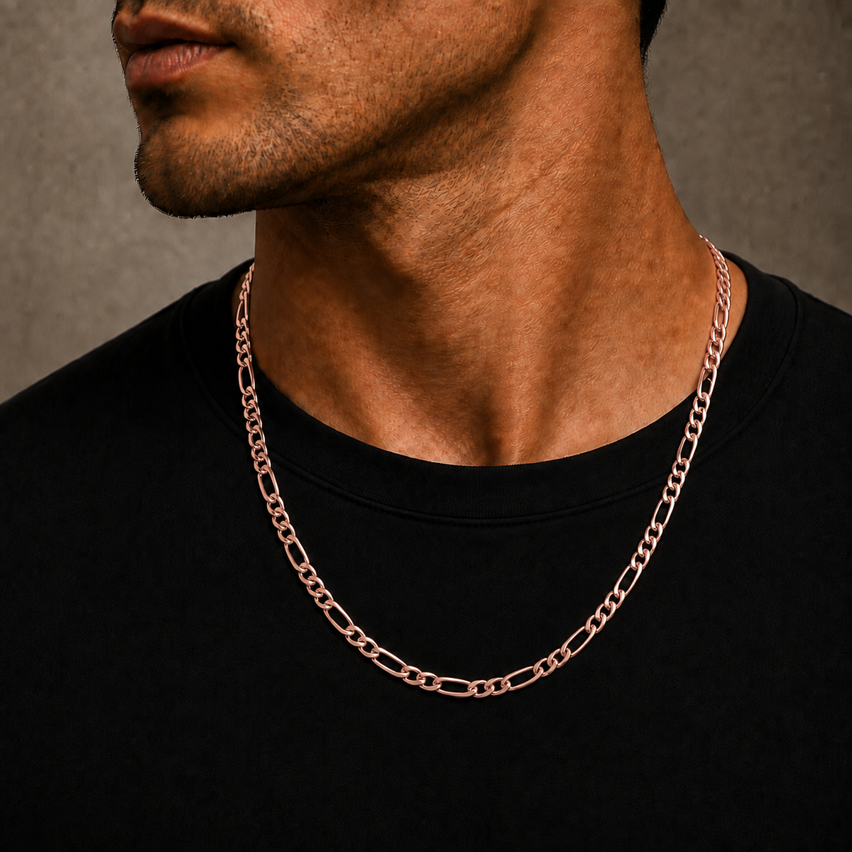 14K Rose Gold Semi-Solid Figaro Chain, shown worn on the neck