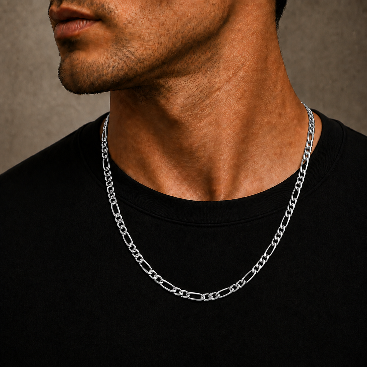 14K White Gold Semi-Solid Figaro Chain, shown worn on the neck
