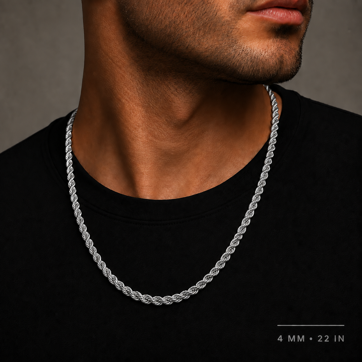 Model wearing 10K white gold semi-solid rope chain, 4 mm and 22 inches