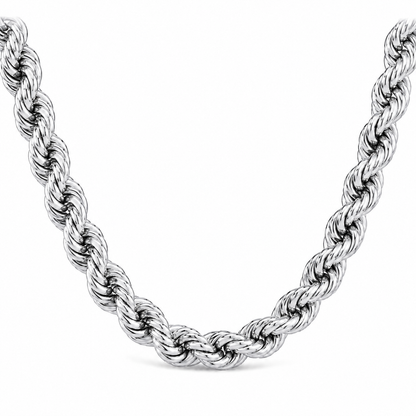 10K White Gold Solid Rope Chain, front view on a white background