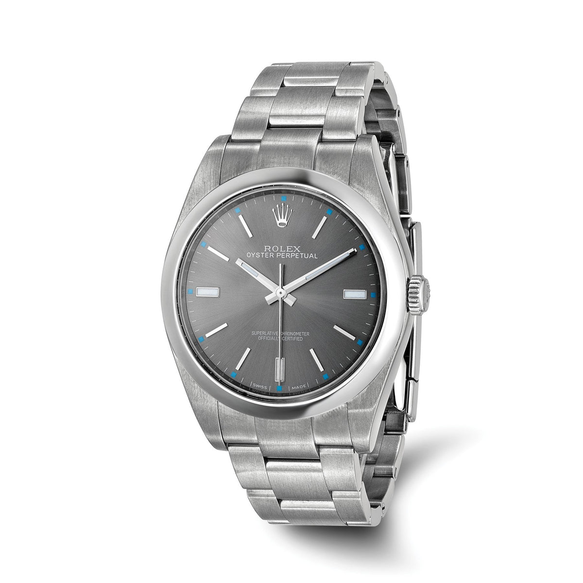 Pre-owned Rolex Oyster Perpetual 39mm reference 114300 stainless steel watch with grey dial and smooth steel bezel