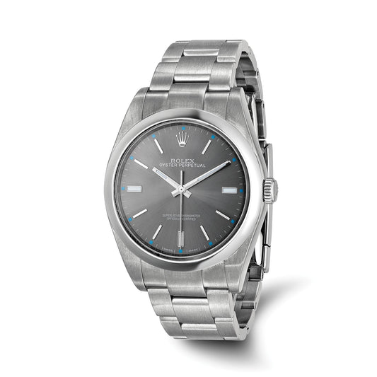 Pre-owned Rolex Oyster Perpetual 39mm reference 114300 stainless steel watch with grey dial and smooth steel bezel