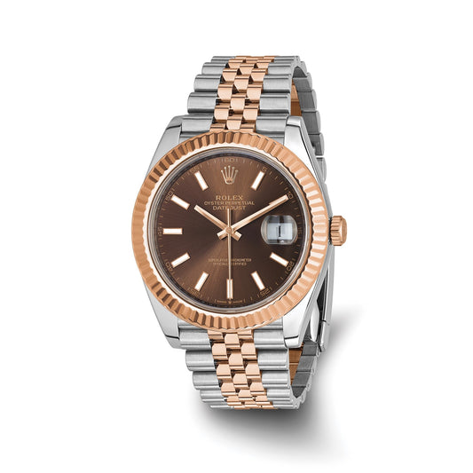 Pre-owned Rolex Datejust 41 reference 126331 steel and 18K rose gold watch with chocolate dial and fluted bezel on a Jubilee bracelet