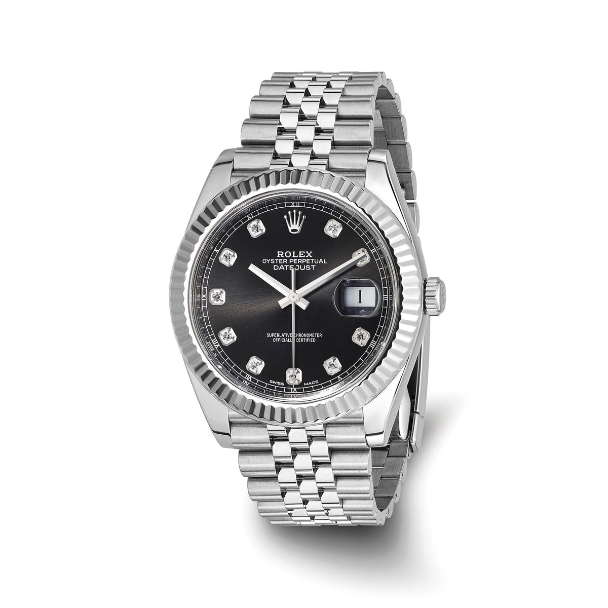 Pre-owned Rolex Datejust 41 reference 126334 stainless steel watch with black diamond dial and 18K white gold fluted bezel on a Jubilee bracelet
