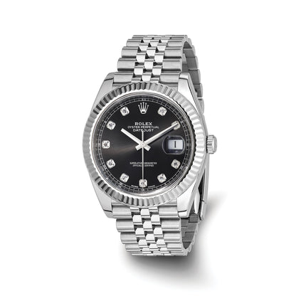 Pre-owned Rolex Datejust 41 reference 126334 stainless steel watch with black diamond dial and 18K white gold fluted bezel on a Jubilee bracelet
