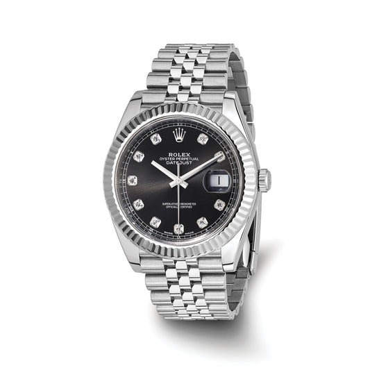 Pre-owned Rolex Datejust 41 reference 126334 stainless steel watch with black diamond dial and 18K white gold fluted bezel on a Jubilee bracelet