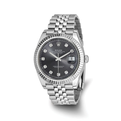 Pre-owned Rolex Datejust 41 reference 126334 stainless steel watch with slate diamond dial and 18K white gold fluted bezel on a Jubilee bracelet