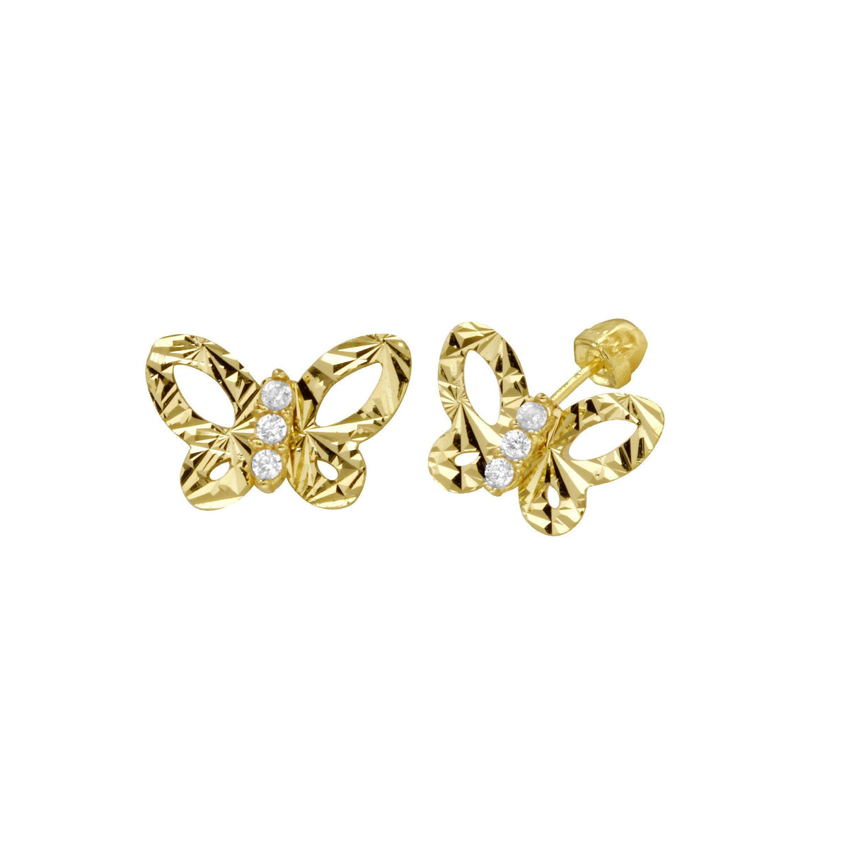 14K yellow gold CZ center butterfly screw back stud earrings