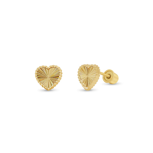 14K gold beaded iridescent diamond-cut heart screw back stud earrings