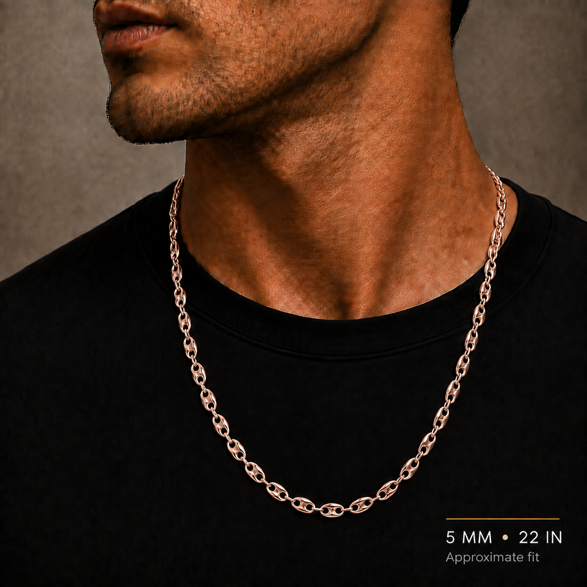 14K Rose Gold Semi-Solid Puff Chain, shown worn on the neck