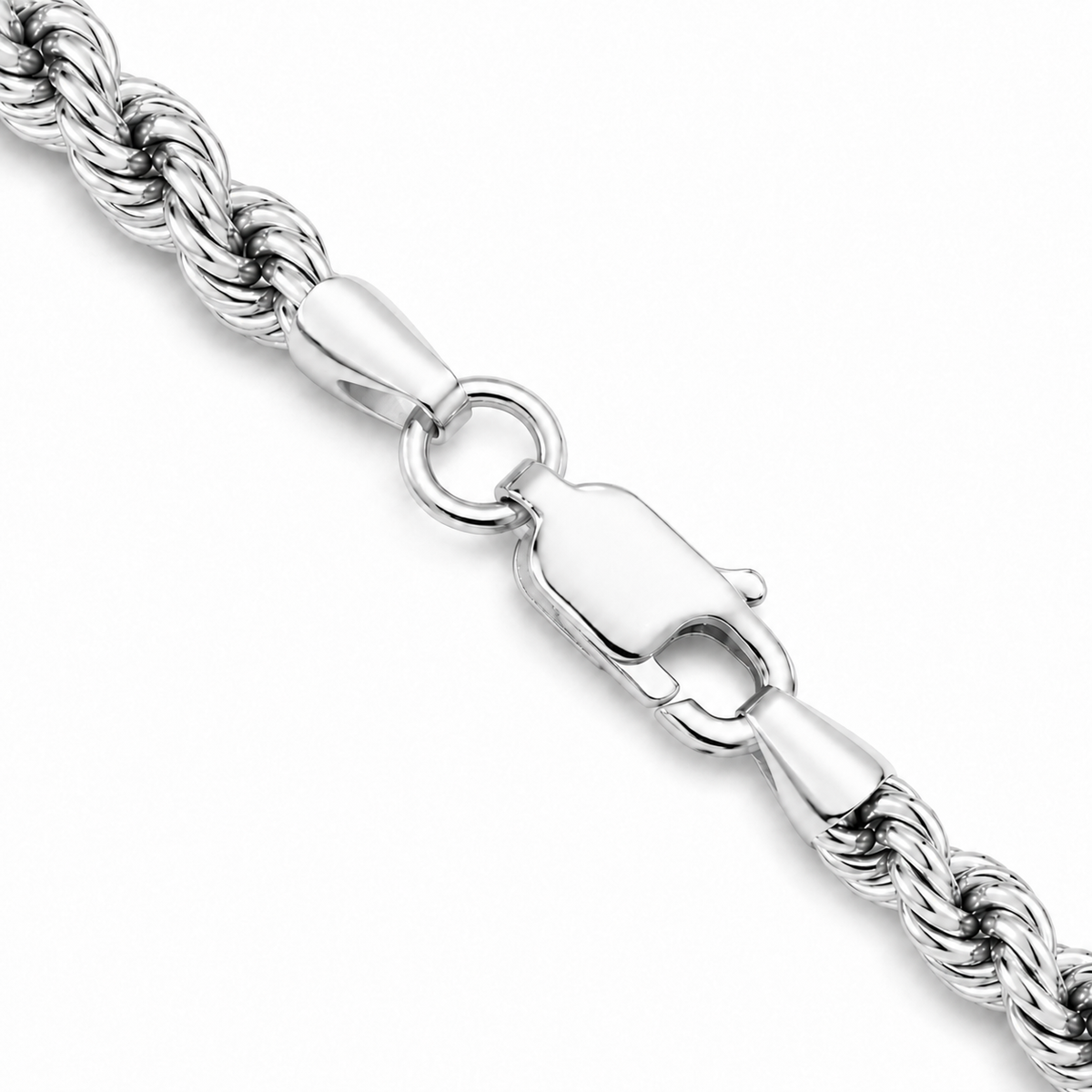 14K White Gold Semi-Solid Diamond-Cut Rope Chain, full-length view