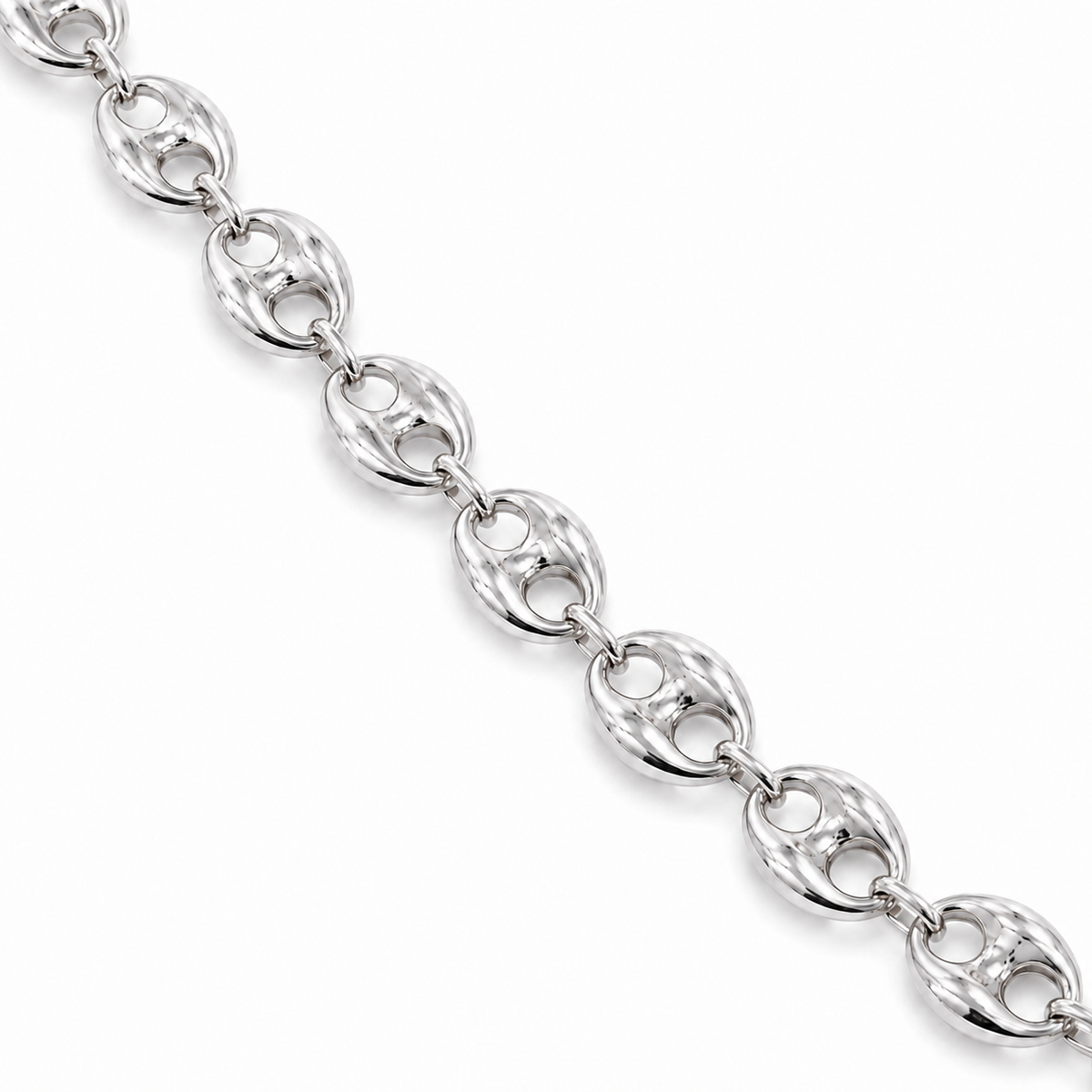14K White Gold Semi-Solid Puff Chain, diagonal view of the full chain