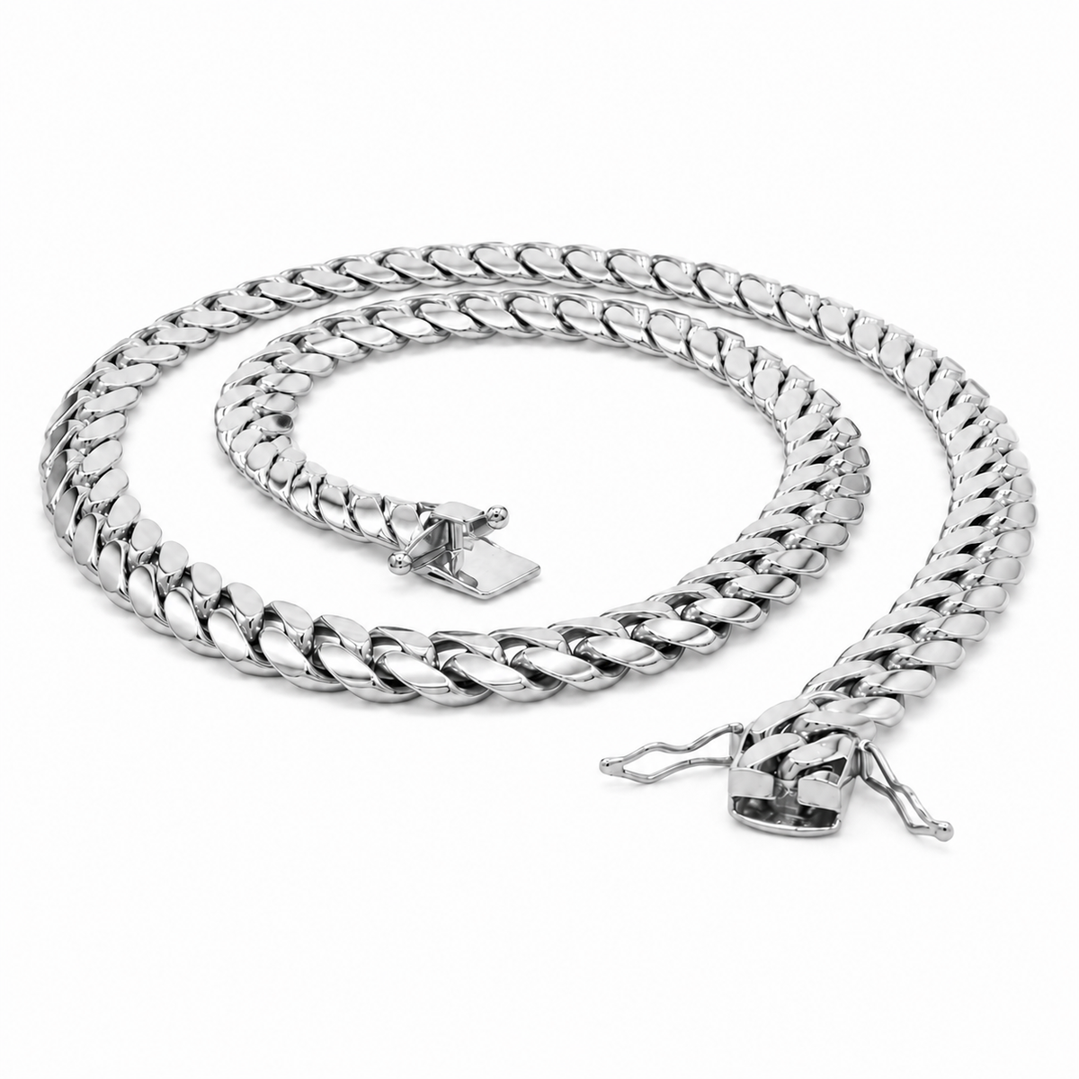 14K White Gold Solid Miami Cuban Link Chain, angled view