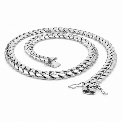 14K White Gold Solid Miami Cuban Link Chain, angled view